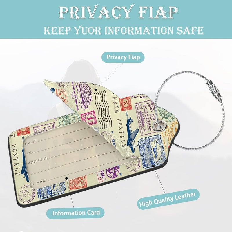 SKYDAWNY Travel Stamp Luggage Tags for Suitcase,2 Pack Retro Passport Carte Postale Luggage Tag Leather Privacy Cover ID Label with Stainless Steel Loop for Women Men Kids Girls - Image 2
